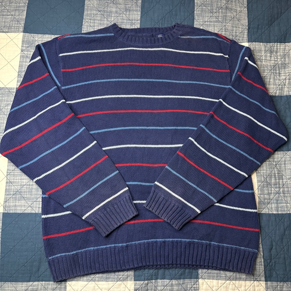 Basic Editions Mens Large Navy Blue Striped Cotton Knit Crewneck Sweater L